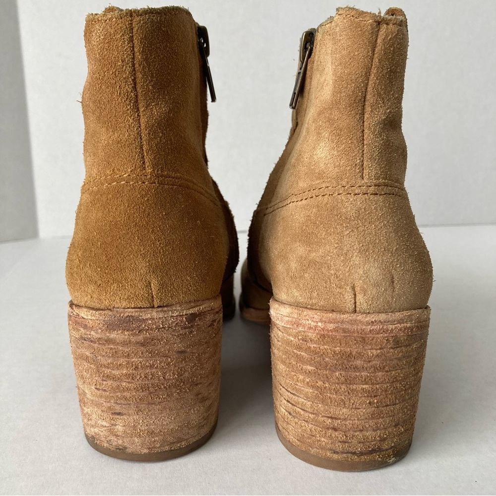 Madewell Tan Suede Pointed Toe Western Ankle Boots Stacked Block Heel Side Zip - Picture 6 of 10